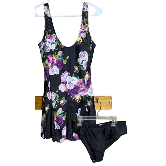 Unbranded Other - Swim Dress 2 Pc Bathing Suit Black Floral Modest Tank Feminine NWOT Womens L